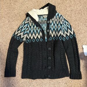 L.L. Bean Grey, White, and Blue Cardigan with Geometric Pattern